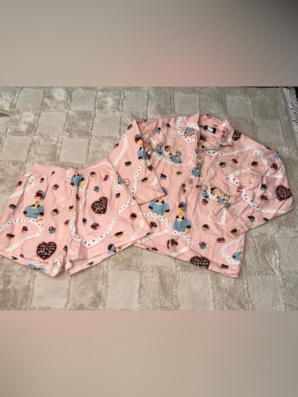VTG RARE Nick & Nora Pink Cotton I Love Lucy Print Pajama Shorts Set Size S